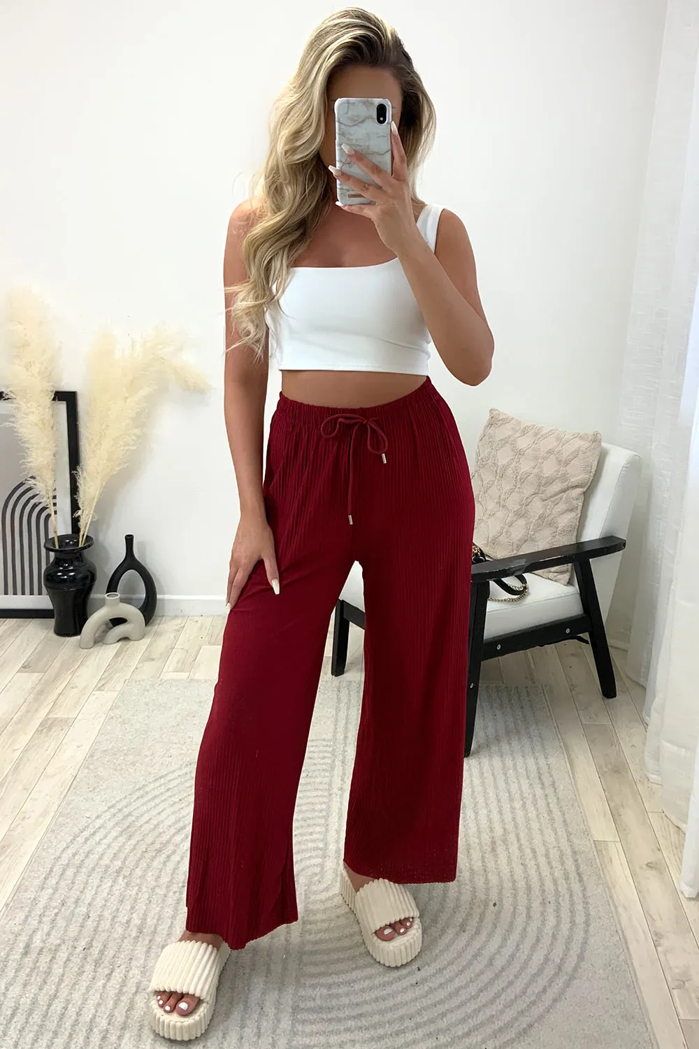 Tanya Wine Plisse High Waisted Drawstring Wide Leg Trousers