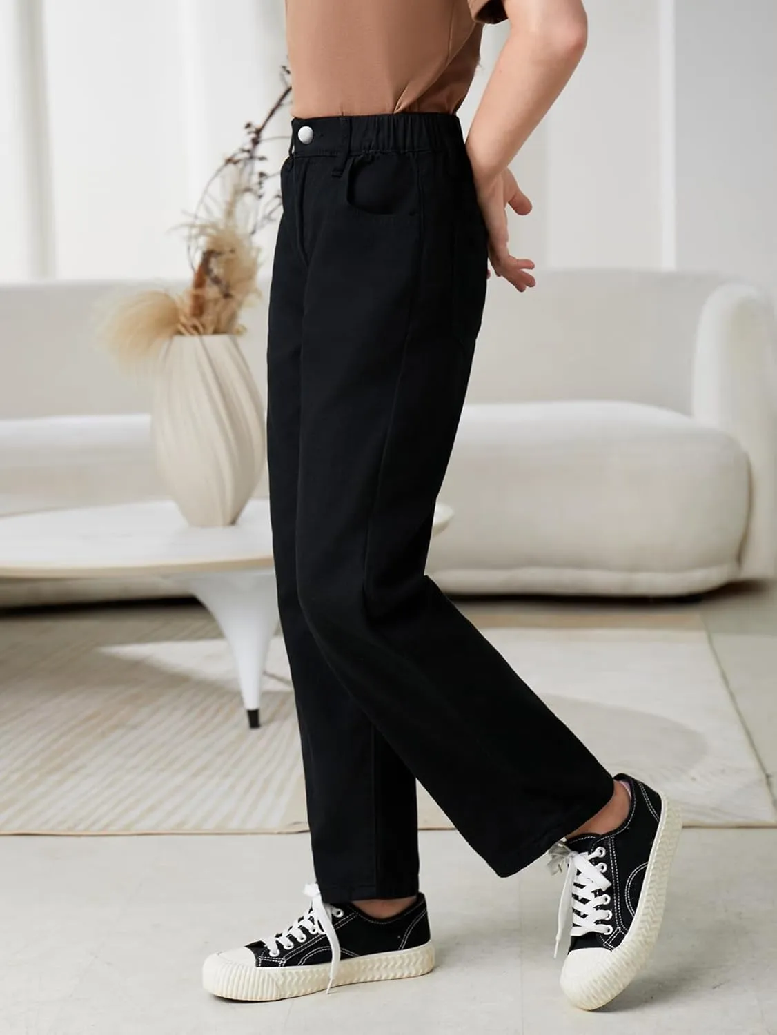 Verdusa Girl's Casual Elastic High Waist Wide Leg Denim Pants Jeans