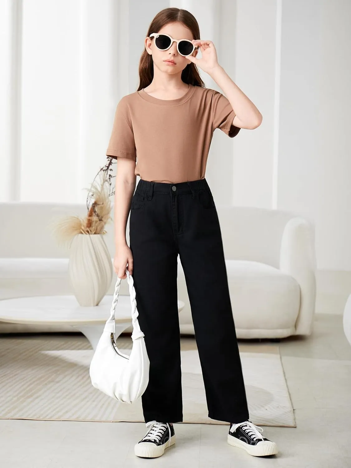 Verdusa Girl's Casual Elastic High Waist Wide Leg Denim Pants Jeans