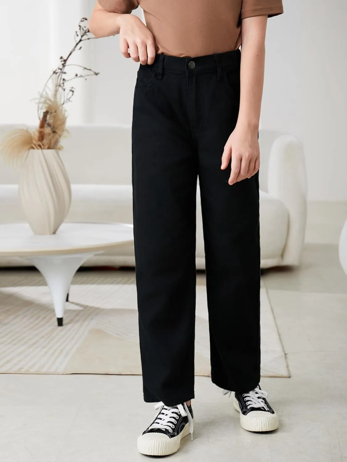 Verdusa Girl's Casual Elastic High Waist Wide Leg Denim Pants Jeans