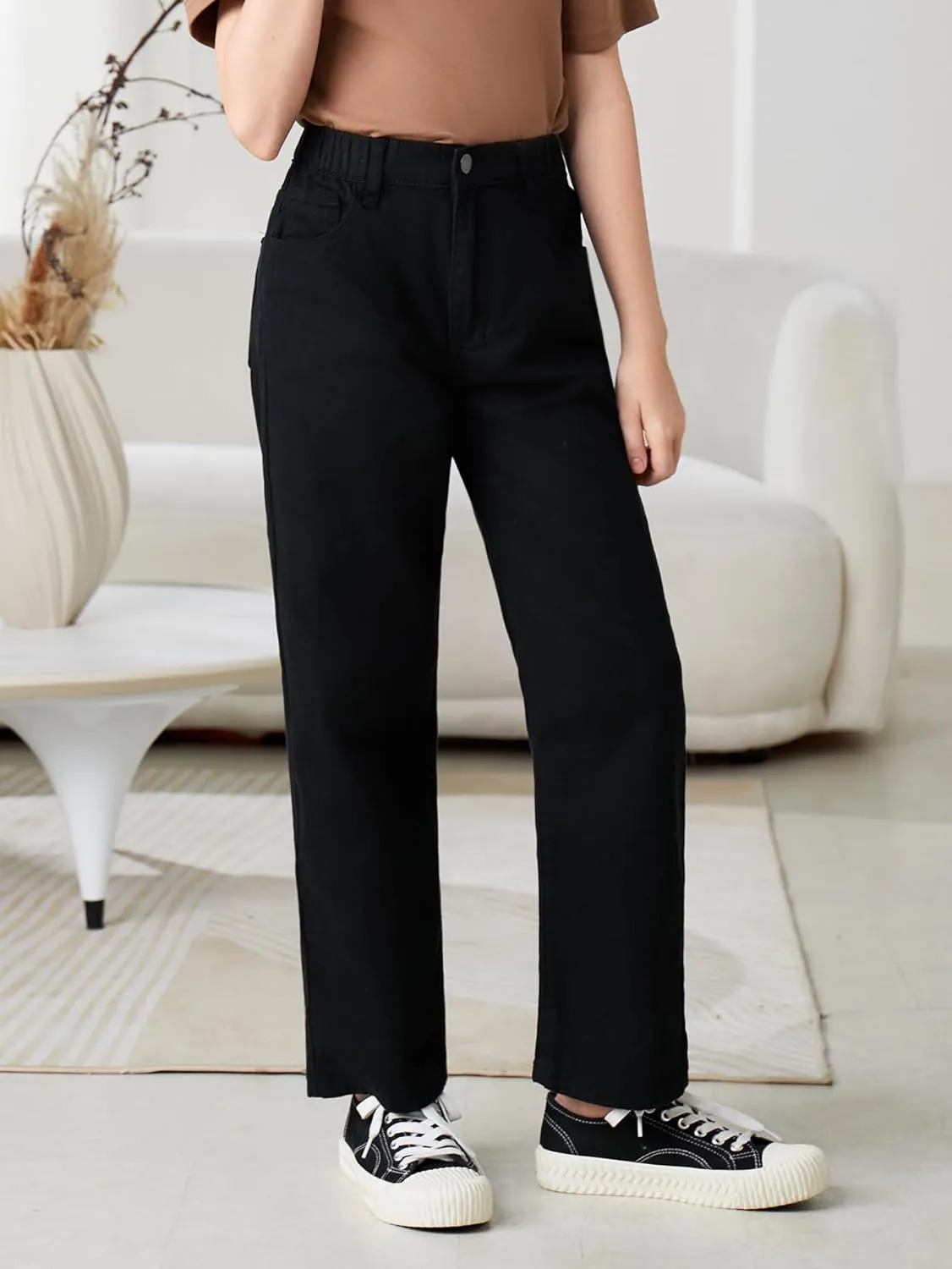 Verdusa Girl's Casual Elastic High Waist Wide Leg Denim Pants Jeans