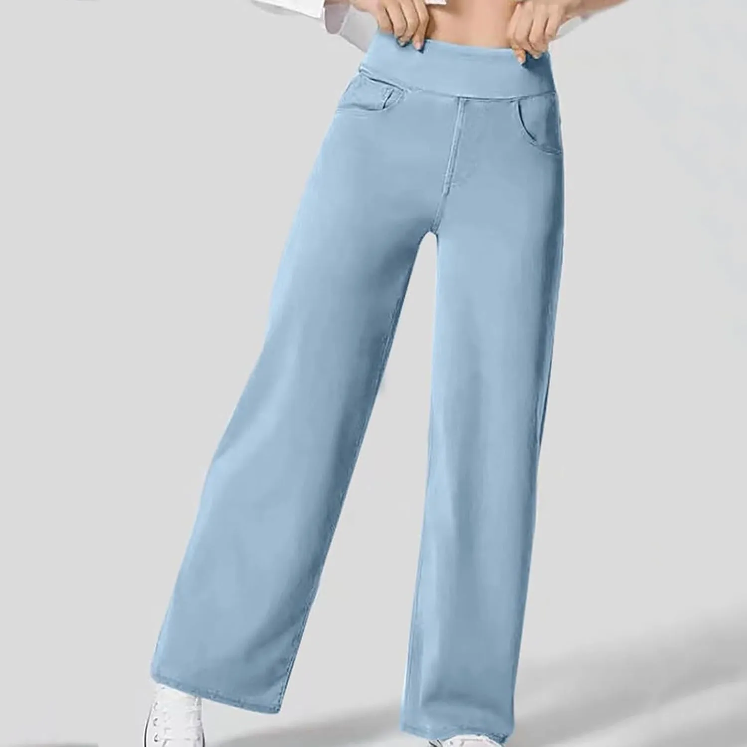 Wide Leg Jeans for Women Pull On High Waisted Tummy Control Pants Trendy Straight Leg Stretchy Baggy Jeans Denim Pant