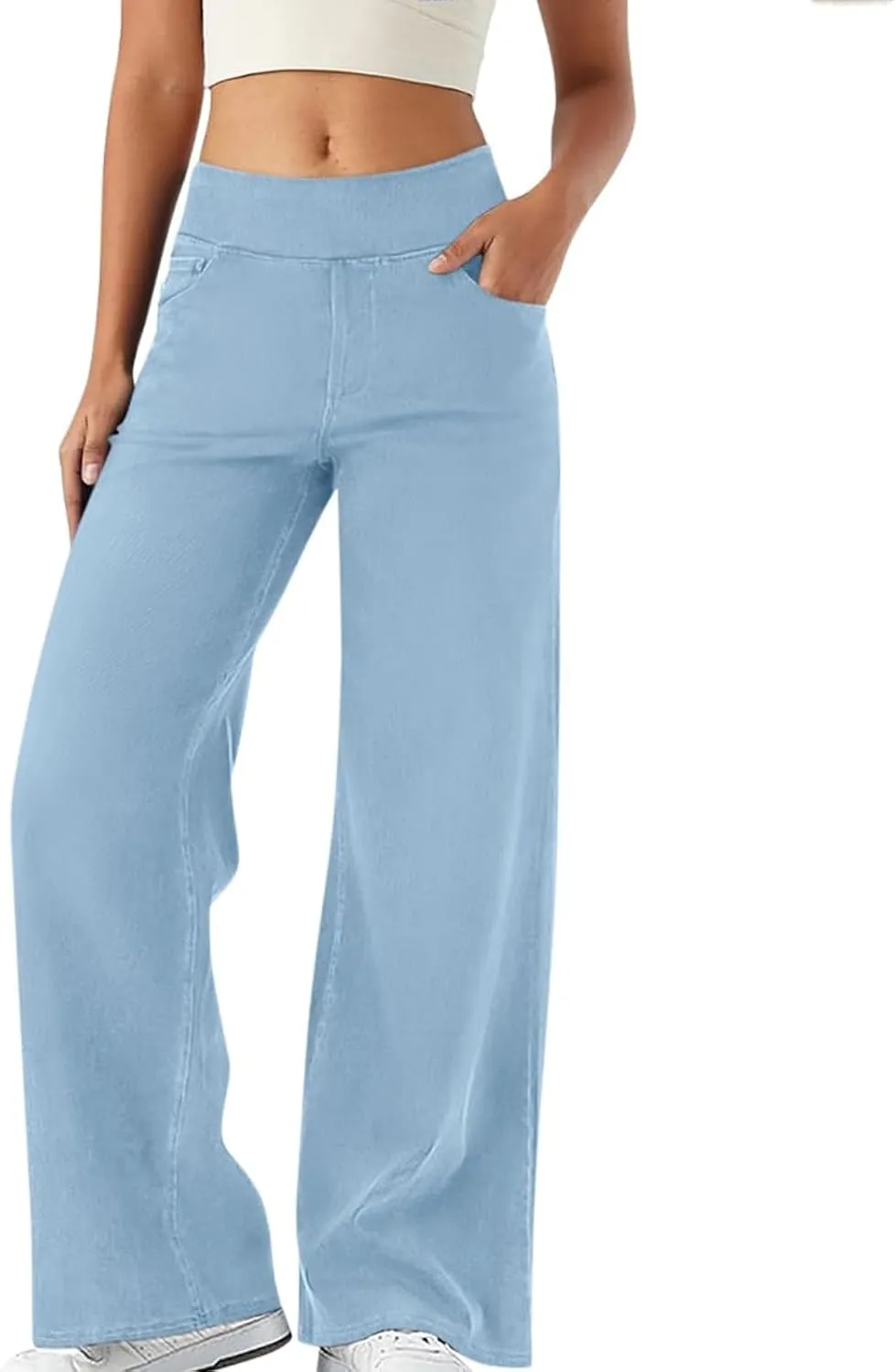 Wide Leg Jeans for Women Pull On High Waisted Tummy Control Pants Trendy Straight Leg Stretchy Baggy Jeans Denim Pant