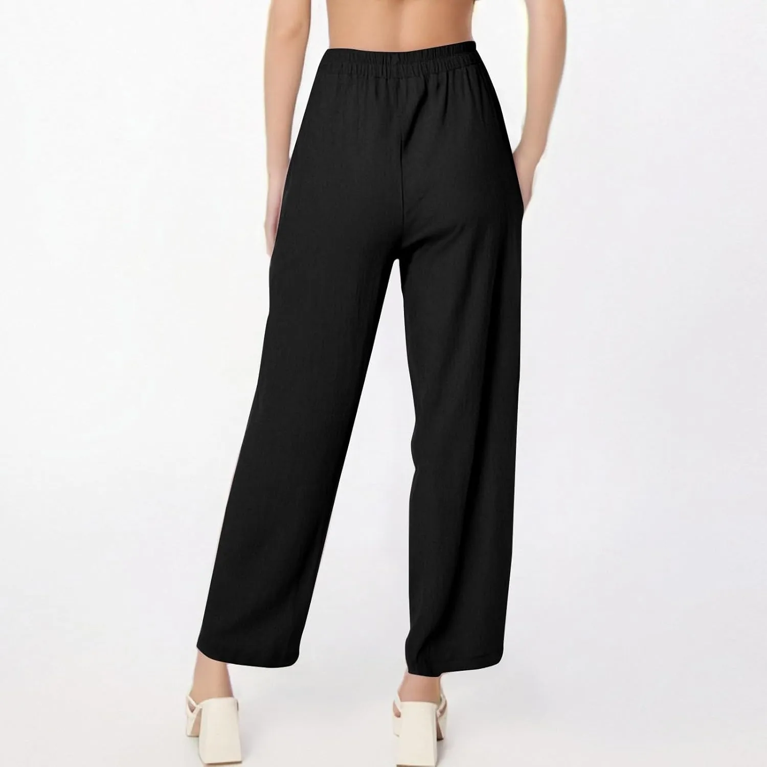 Women Linen Pants Summer High Waist Palazzo Pants Casual Wide Pant Comfy Tummy Control Trousers with Pockets (S-2Xl)