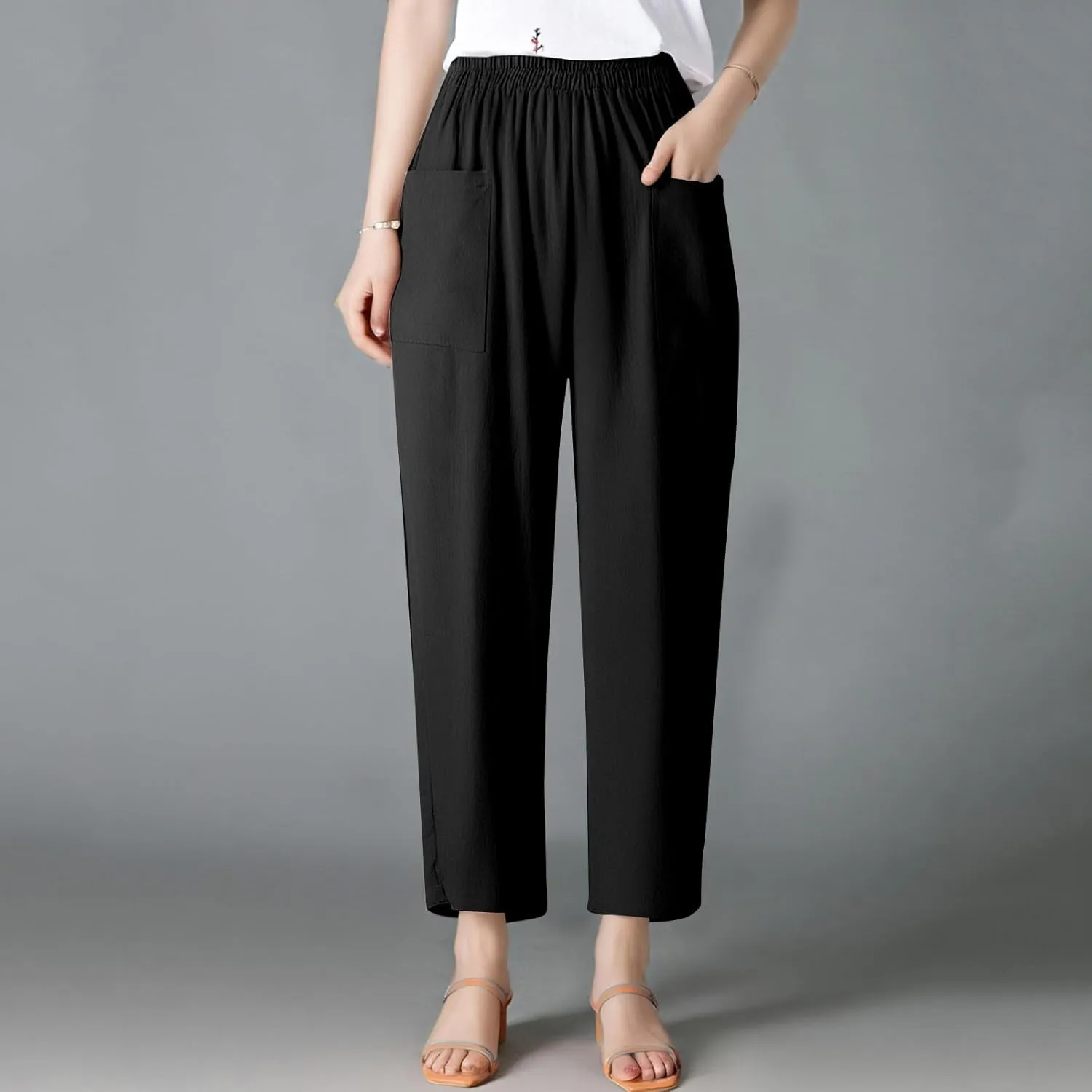 Women Linen Pants Summer High Waist Palazzo Pants Casual Wide Pant Comfy Tummy Control Trousers with Pockets (S-2Xl)
