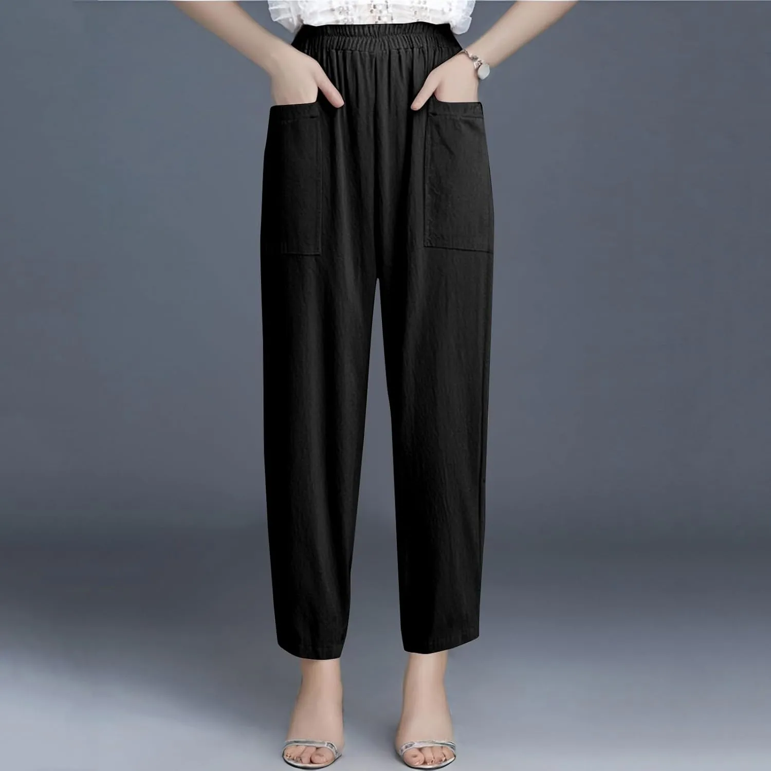Women Linen Pants Summer High Waist Palazzo Pants Casual Wide Pant Comfy Tummy Control Trousers with Pockets (S-2Xl)