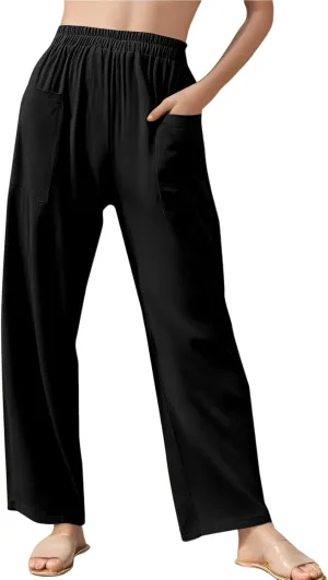 Women Linen Pants Summer High Waist Palazzo Pants Casual Wide Pant Comfy Tummy Control Trousers with Pockets (S-2Xl)