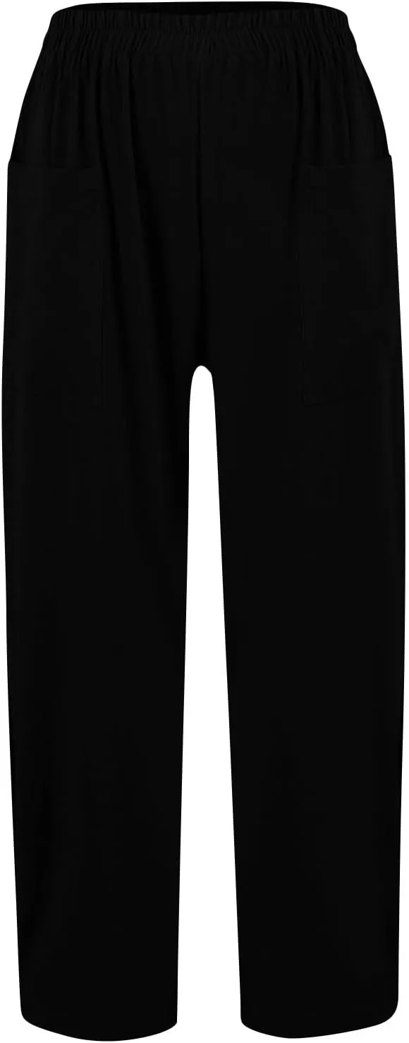 Women Linen Pants Summer High Waist Palazzo Pants Casual Wide Pant Comfy Tummy Control Trousers with Pockets (S-2Xl)