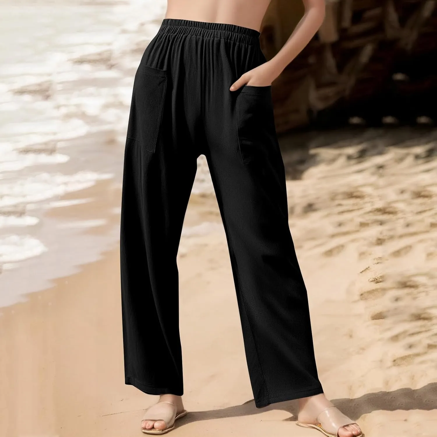 Women Linen Pants Summer High Waist Palazzo Pants Casual Wide Pant Comfy Tummy Control Trousers with Pockets (S-2Xl)