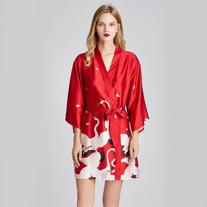 Women Robe Kimono Bathrobe Navy Blue Print Nightgown Sleepwear Silky Soft Satin Nightwear Sexy Short Nightdress Casual Homewear