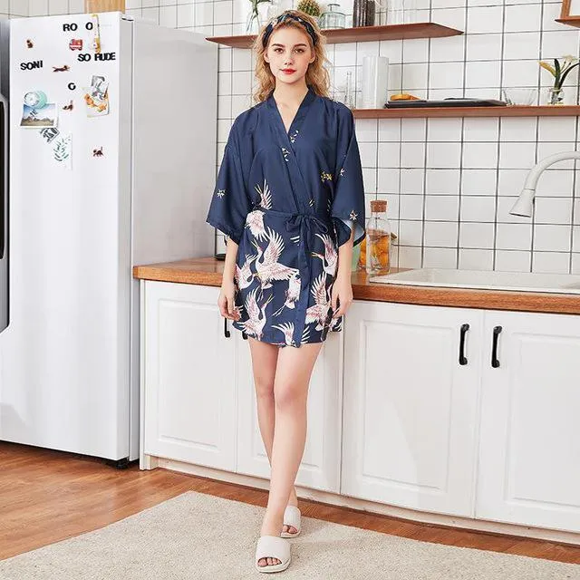 Women Robe Kimono Bathrobe Navy Blue Print Nightgown Sleepwear Silky Soft Satin Nightwear Sexy Short Nightdress Casual Homewear