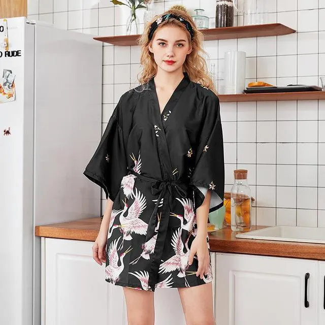 Women Robe Kimono Bathrobe Navy Blue Print Nightgown Sleepwear Silky Soft Satin Nightwear Sexy Short Nightdress Casual Homewear