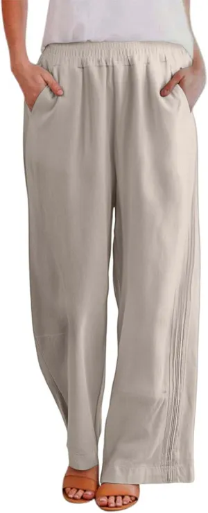 Women's Casual Cotton Linen Pants Summer Lightweight Elastic Waist Long Pants Relax Fit Straight Leg Lounge Trousers Pocket