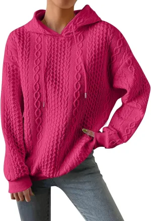 Womens Hoodies Cable Knitted Long Sleeve Drawstring Pullover Tops Loose Hooded Sweatshirt