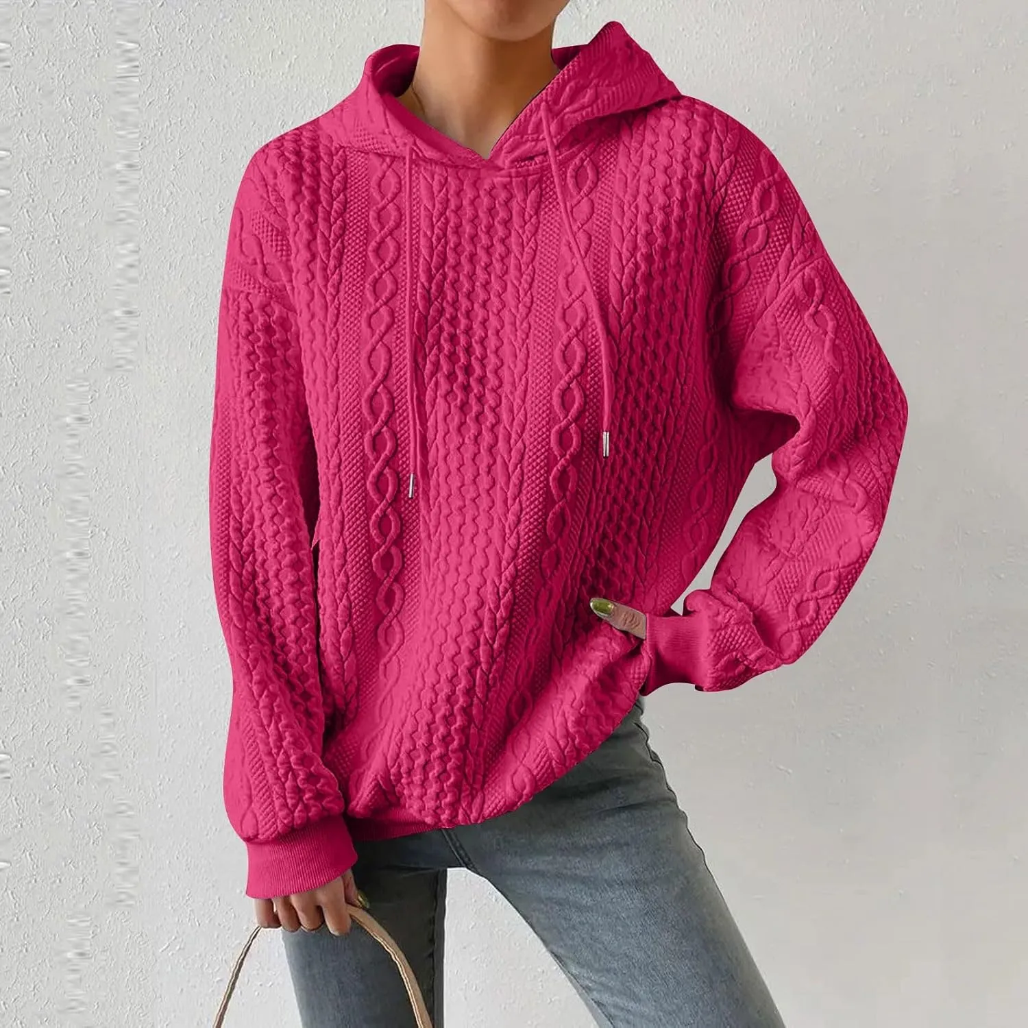 Womens Hoodies Cable Knitted Long Sleeve Drawstring Pullover Tops Loose Hooded Sweatshirt