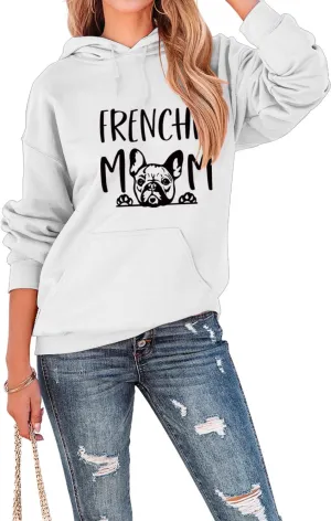 Womens Hoodies Oversized Sweatshirt Loose Long Sleeve Shirts with Pocket Frenchie Mom Cute Dog Letter Graphic Top