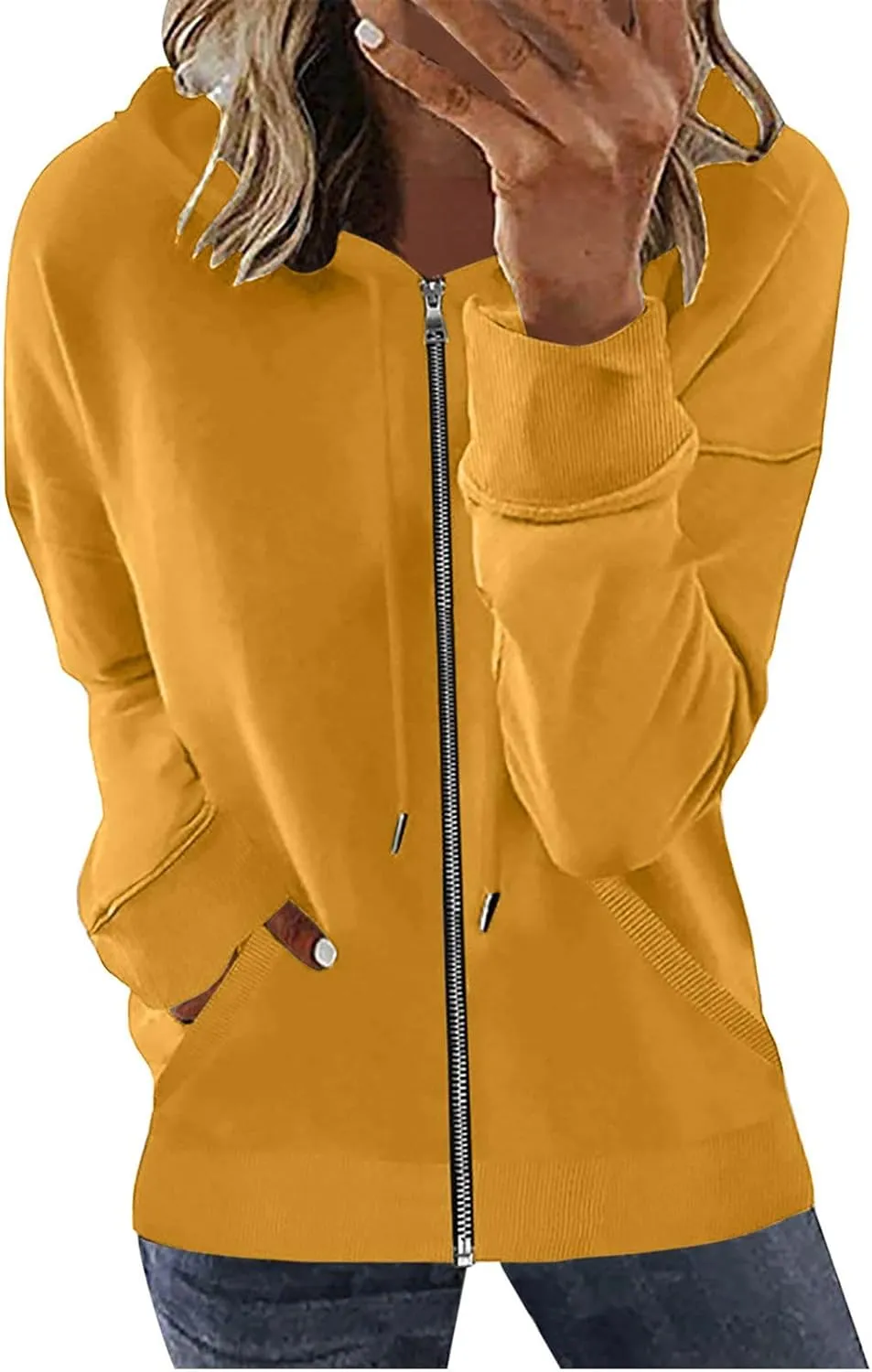 Women's Loose Zip Up Hoodie Oversized Long Sleeve Solid Drawstring Hooded Sweatshirt Jackets Y2K Casual Outwear