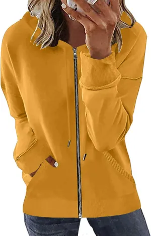Women's Loose Zip Up Hoodie Oversized Long Sleeve Solid Drawstring Hooded Sweatshirt Jackets Y2K Casual Outwear