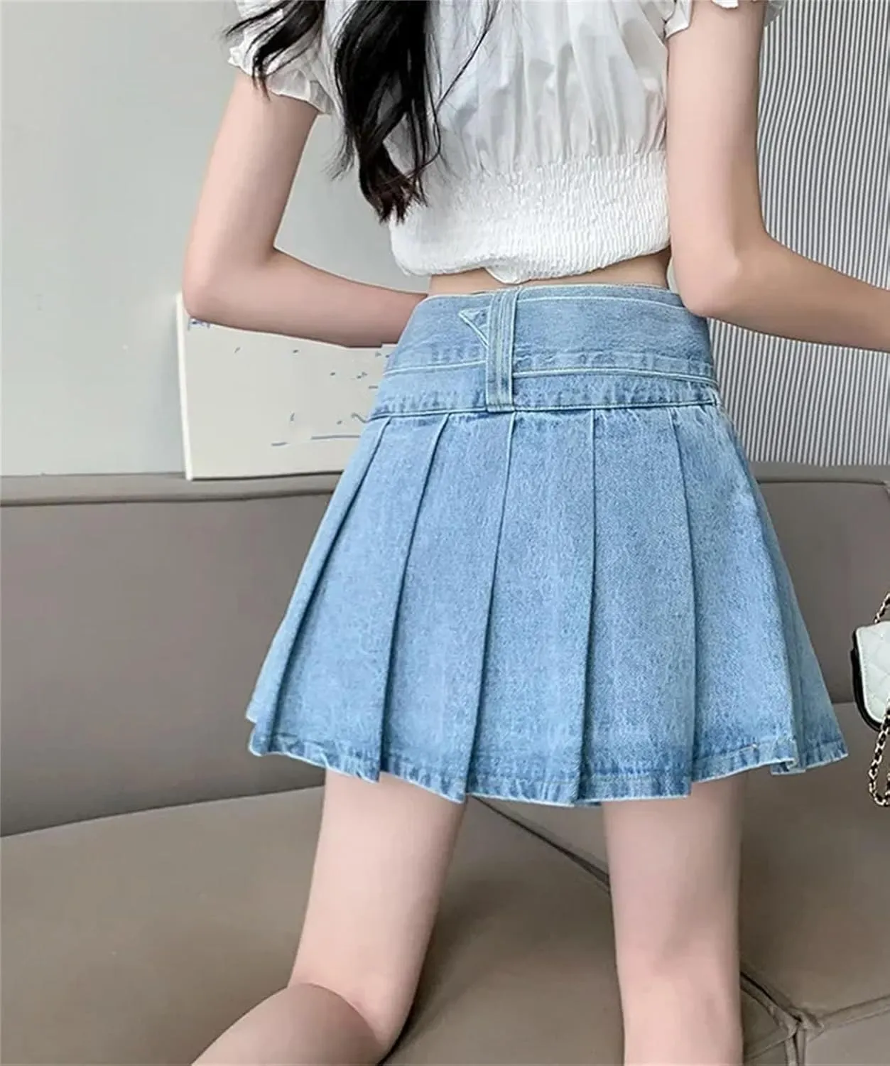 Women's Ruffled Pleated Denim Mini Skirt Summer High-Waisted Slimming Jeans Skirt