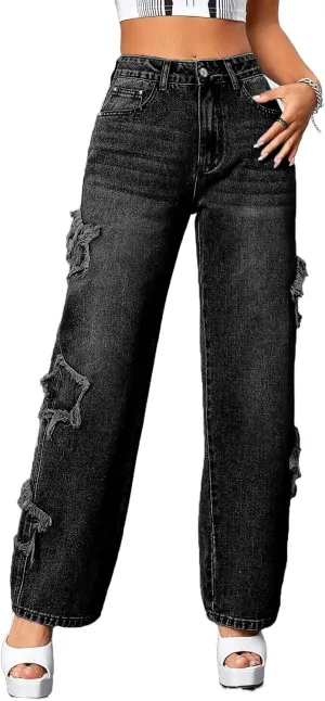 Womens Trendy High Waist Wide Leg Y2K Jeans Aesthetic Star Pants Teen Girls Boyfriend Loose Fit Star Embroidery Jeans