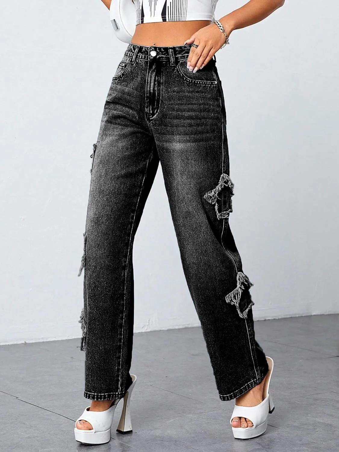 Womens Trendy High Waist Wide Leg Y2K Jeans Aesthetic Star Pants Teen Girls Boyfriend Loose Fit Star Embroidery Jeans