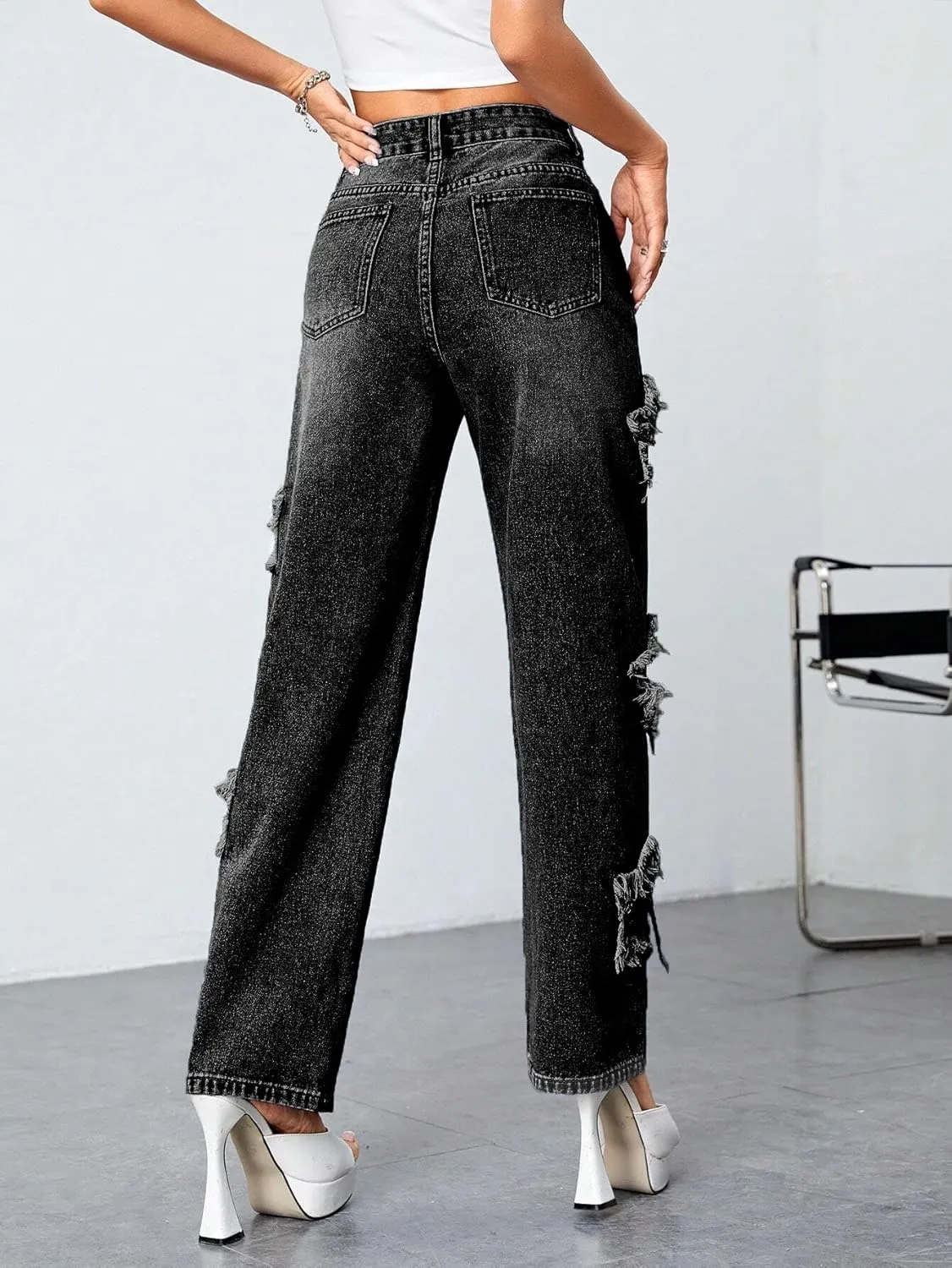 Womens Trendy High Waist Wide Leg Y2K Jeans Aesthetic Star Pants Teen Girls Boyfriend Loose Fit Star Embroidery Jeans