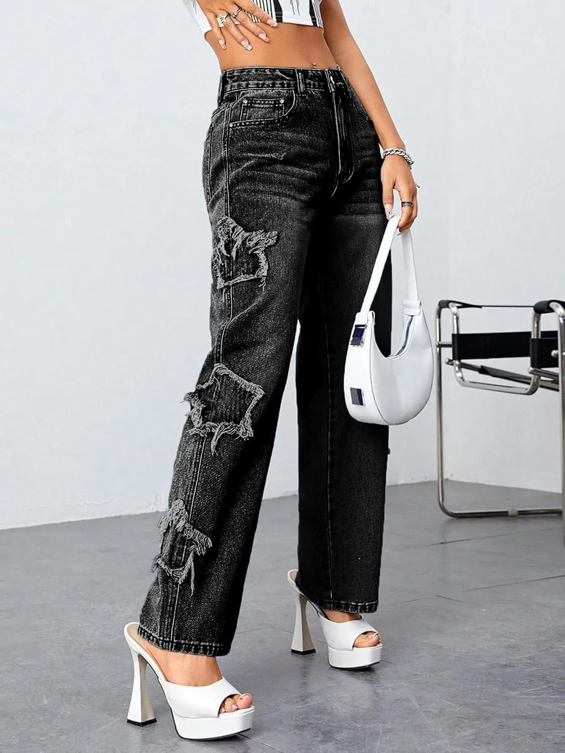 Womens Trendy High Waist Wide Leg Y2K Jeans Aesthetic Star Pants Teen Girls Boyfriend Loose Fit Star Embroidery Jeans