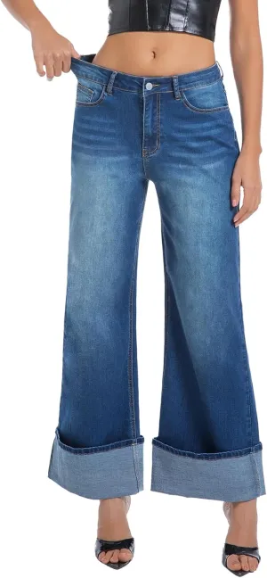 Women's Wide Leg Cuffed Jeans High Waisted Stretchy Casual Comfort Fit Denim Pants