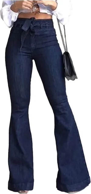 xxxiticat Women's Bell-Bottom Denim Jeans High Waist Bow Knot Lace Up Bandage Wide Leg Flared Jeans Floor Length Trouser