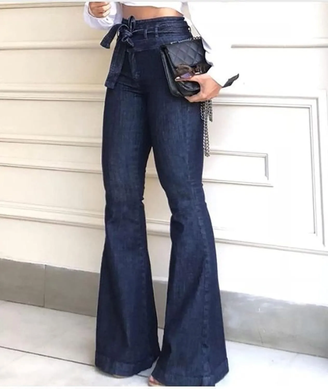 xxxiticat Women's Bell-Bottom Denim Jeans High Waist Bow Knot Lace Up Bandage Wide Leg Flared Jeans Floor Length Trouser