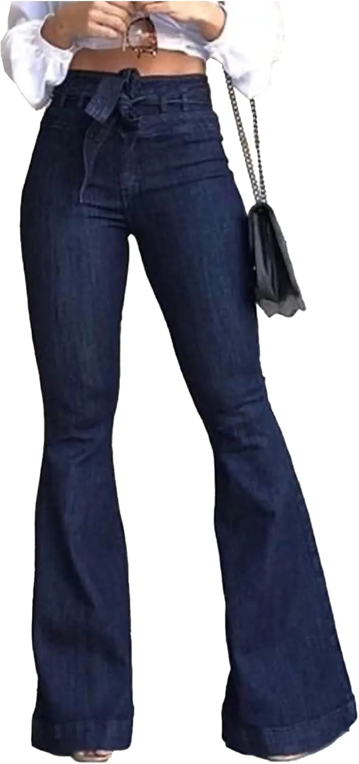 xxxiticat Women's Bell-Bottom Denim Jeans High Waist Bow Knot Lace Up Bandage Wide Leg Flared Jeans Floor Length Trouser