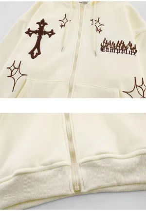 Y2K Hoodie Women Grunge Cross Stars Zip Up Sweatshirt Acubi Emo Oversized Hooded Jacket Harajuku Pullover Alt Clothing