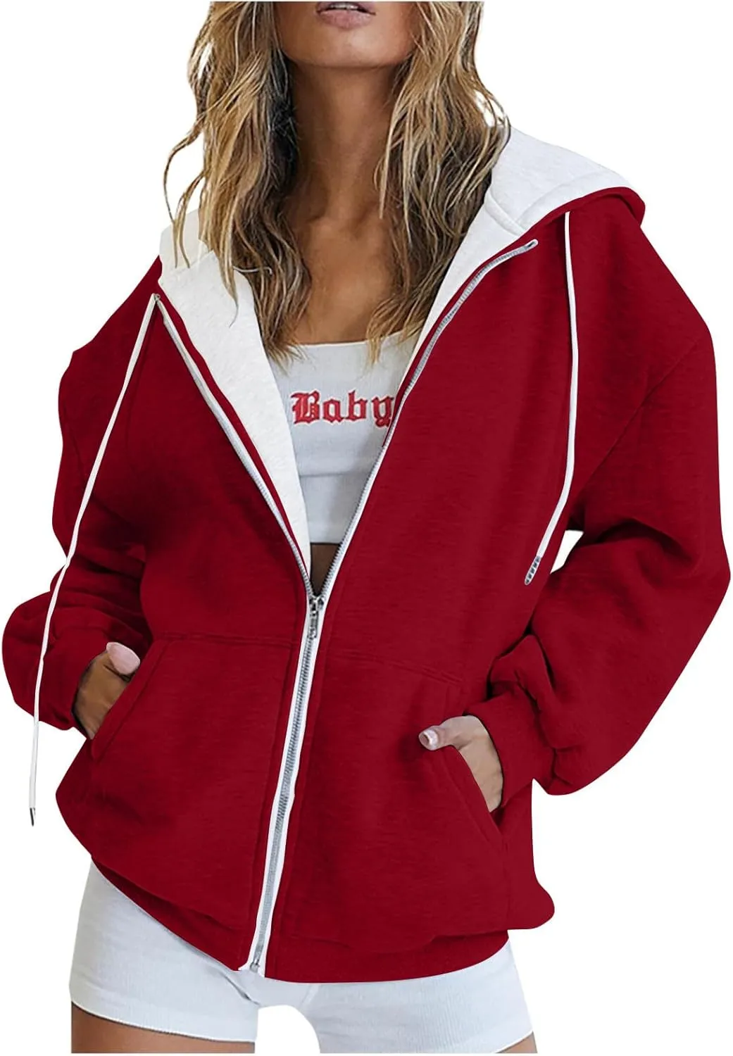 Yesunpxs Womens Zip Up Hoodies Trendy Oversized Casual Long Sleeve Drawstring Hooded Sweatshirts Y2k Drawstring Jacket Coats