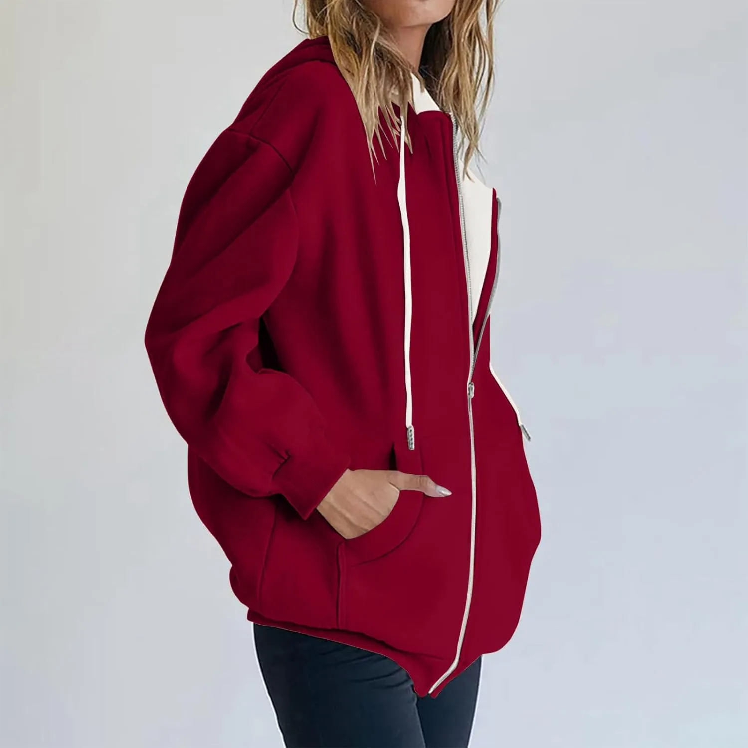 Yesunpxs Womens Zip Up Hoodies Trendy Oversized Casual Long Sleeve Drawstring Hooded Sweatshirts Y2k Drawstring Jacket Coats
